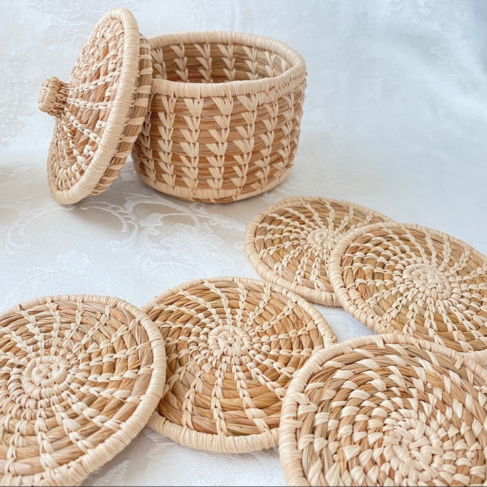 Natural Woven Coaster Set with Lidded Basket & Studio Pottery Candle Holder - Picture 3 of 16